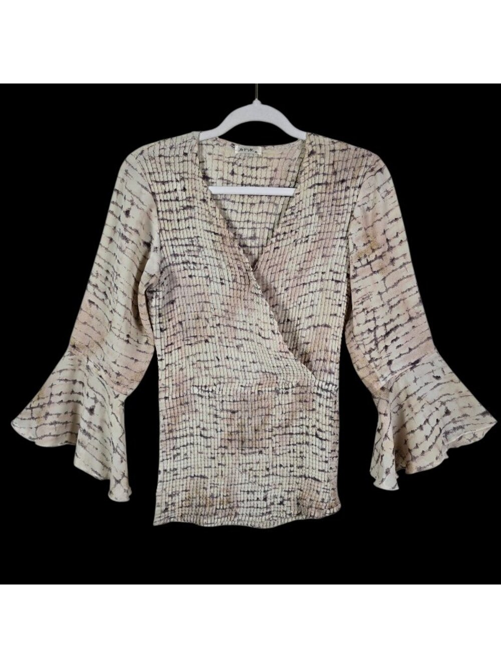 Y2K Jaipur Women Beige Crinkle Texture Abstract Boho Stretchy Bell Sleeve Top XL